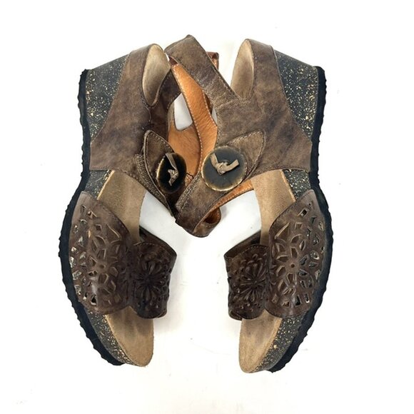 Think Zilli Wedge Leather Sandals EU 37 US 6.5 Taupe Cork Hook & Loop Boho Chic - Picture 5 of 7